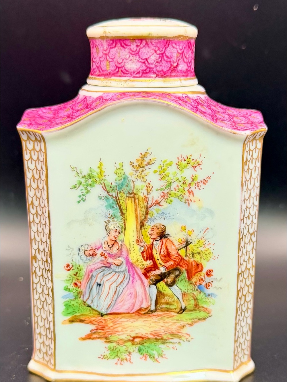 Pink Dresdan Porcelain Decorative Tea Caddy with Hand-Painted Pastoral Scene